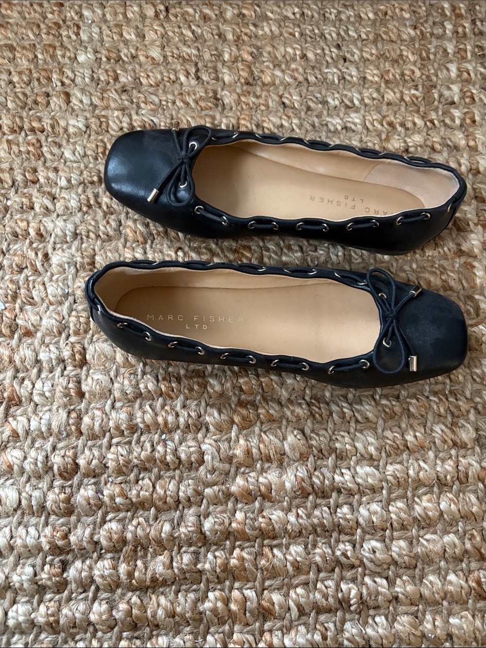 Marc Fisher Black Leather Bow-Trim Ballet Flats